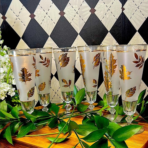 Vintage Libbey 22k Gold Foliage Pilsner Glasses (Set of 6) |Barware Mid Century - Picture 16 of 17